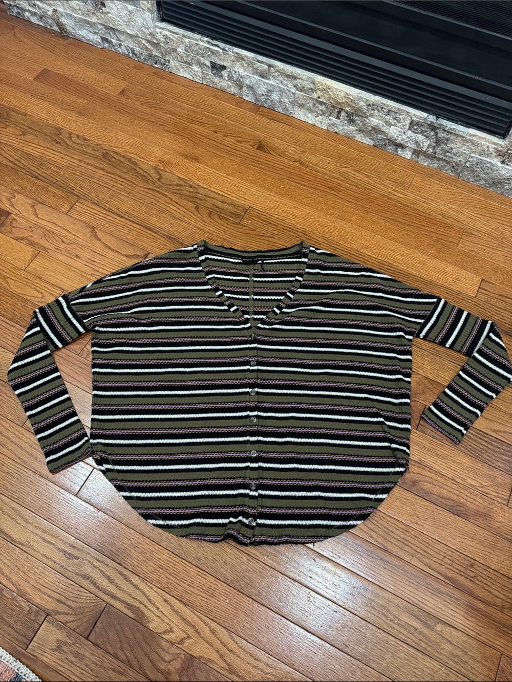 Urban Outfitters Olive, Black & White Striped Knit Top with Purple Accents